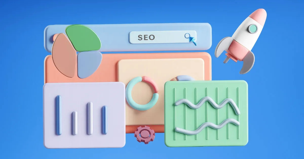 An illustration of various stylised graphs and charts with search bar saying "SEO" and a rocket leaving the corner of the scene