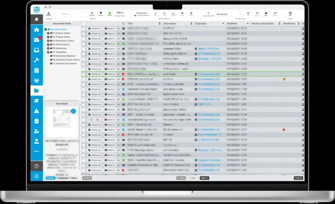 A screenshot of the Document Management System on C. C. Contracting's internal platform (sensitive information redacted)