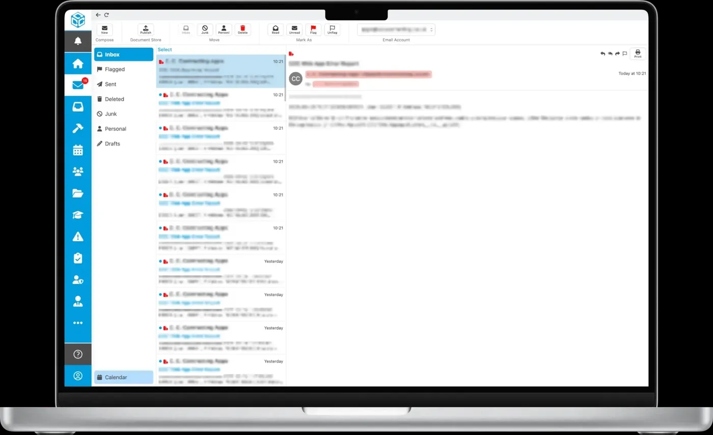 A screenshot of the email client within C. C. Contracting's internal platform (sensitive information redacted)