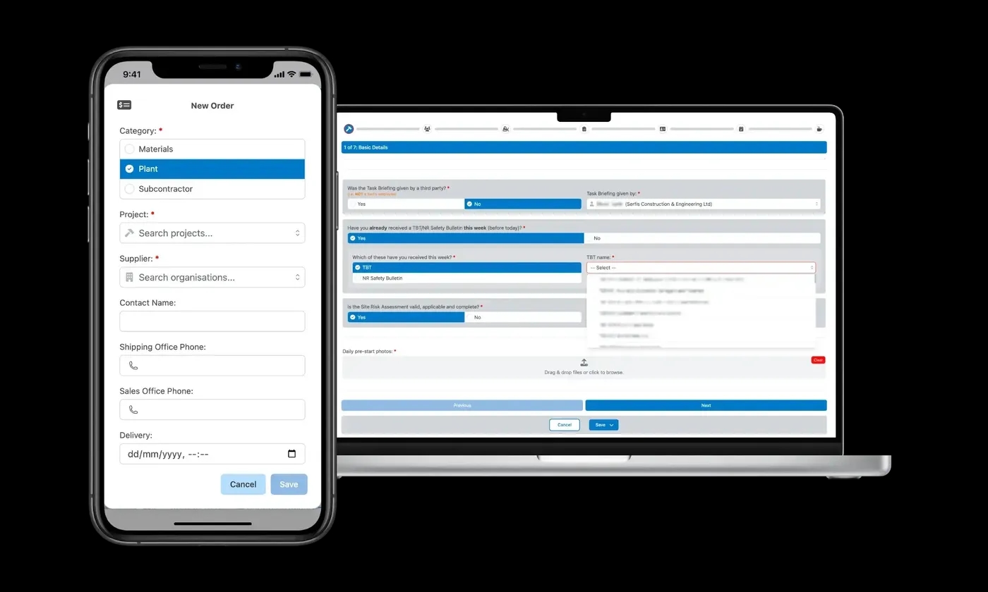 A graphic containing screenshots from Serfis' compliance and workflow management software (sensitive information redacted)
