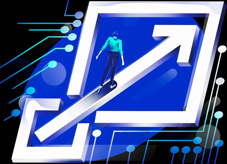 Stylised illustration of a character walking upwards along a growing arrow surrounded by technology nodes.