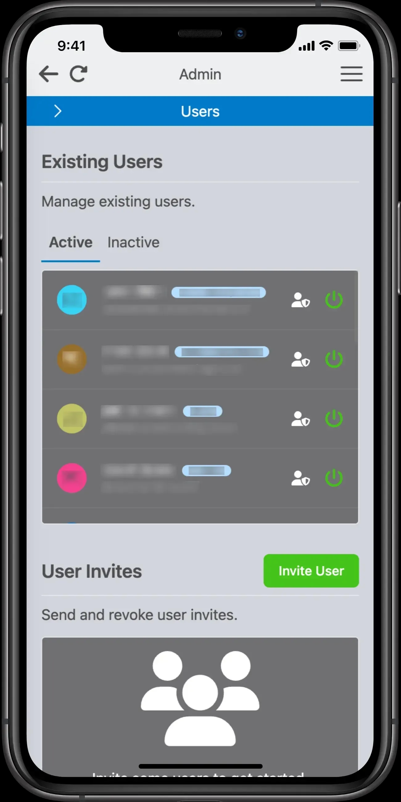 A screenshot of the "User Management" area on Serfis' internal platform (sensitive information redacted)