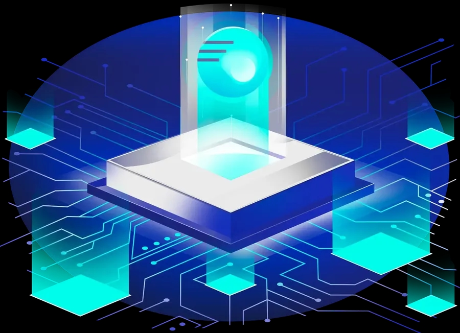 Stylised illustration of a central Interflow logo surrounded by light beams and technology nodes.