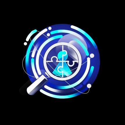 Stylised icon with magnifying glass focusing on jigsaw piece