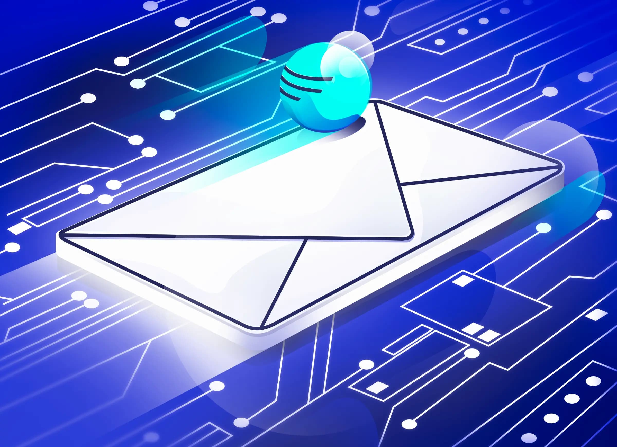Stylistic illustration depicting an envelope floating above a stream of data nodes