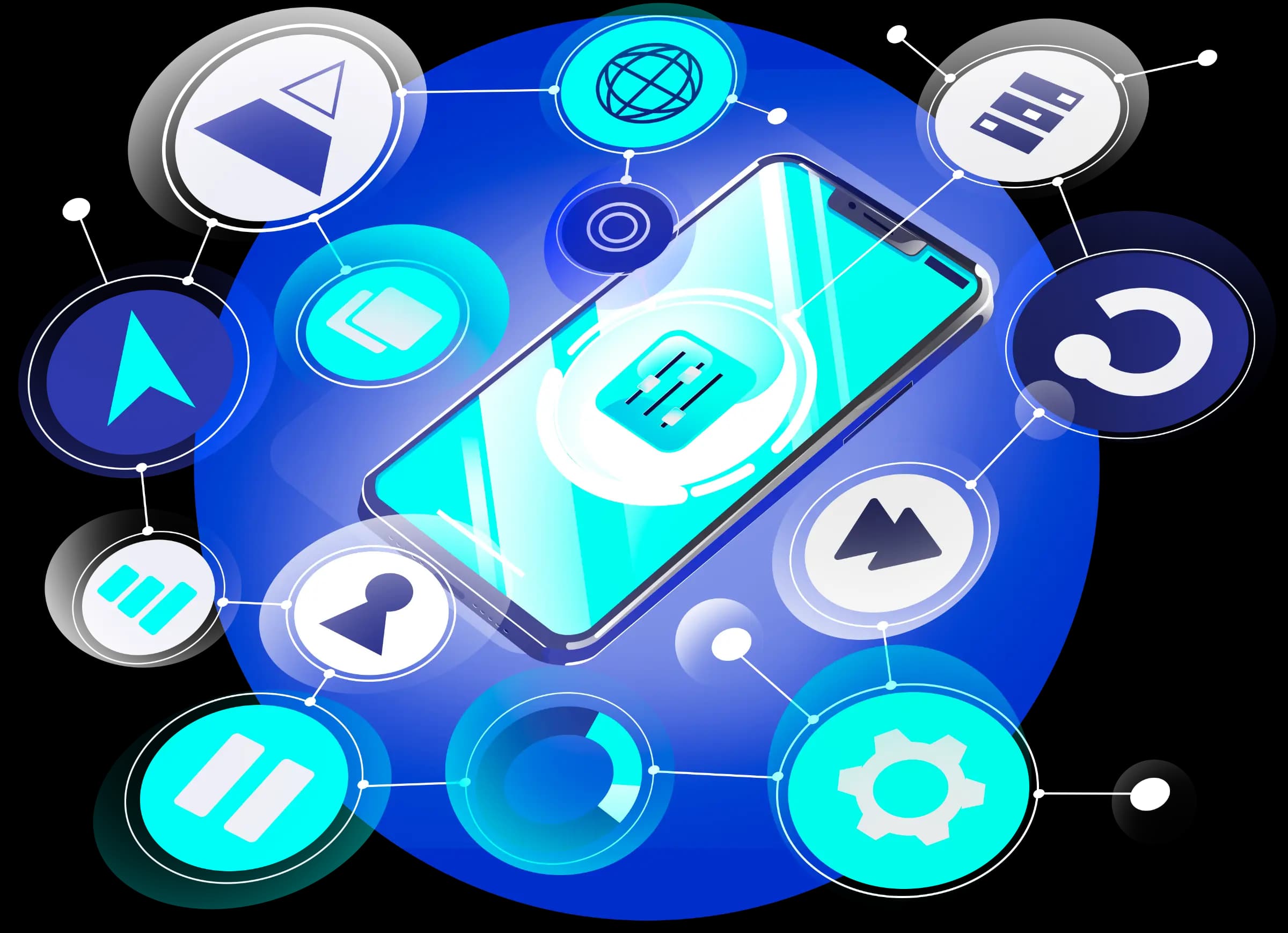 Stylised illustration of various interconnected technology nodes around a central device.
