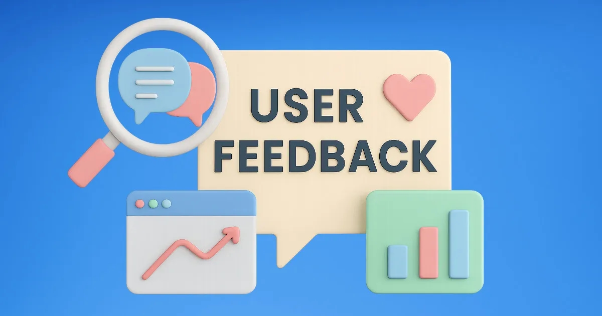 An illustration of various stylised graphs and charts with some message bubbles relating to user feedback