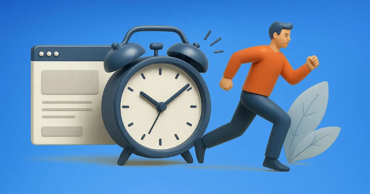 An illustration of various stylised elements including a web page, an alarm clock, and a man running