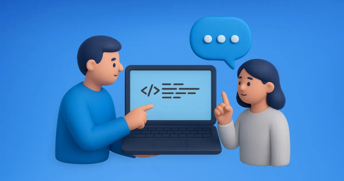 An illustration depicting a developer and client discussing a project