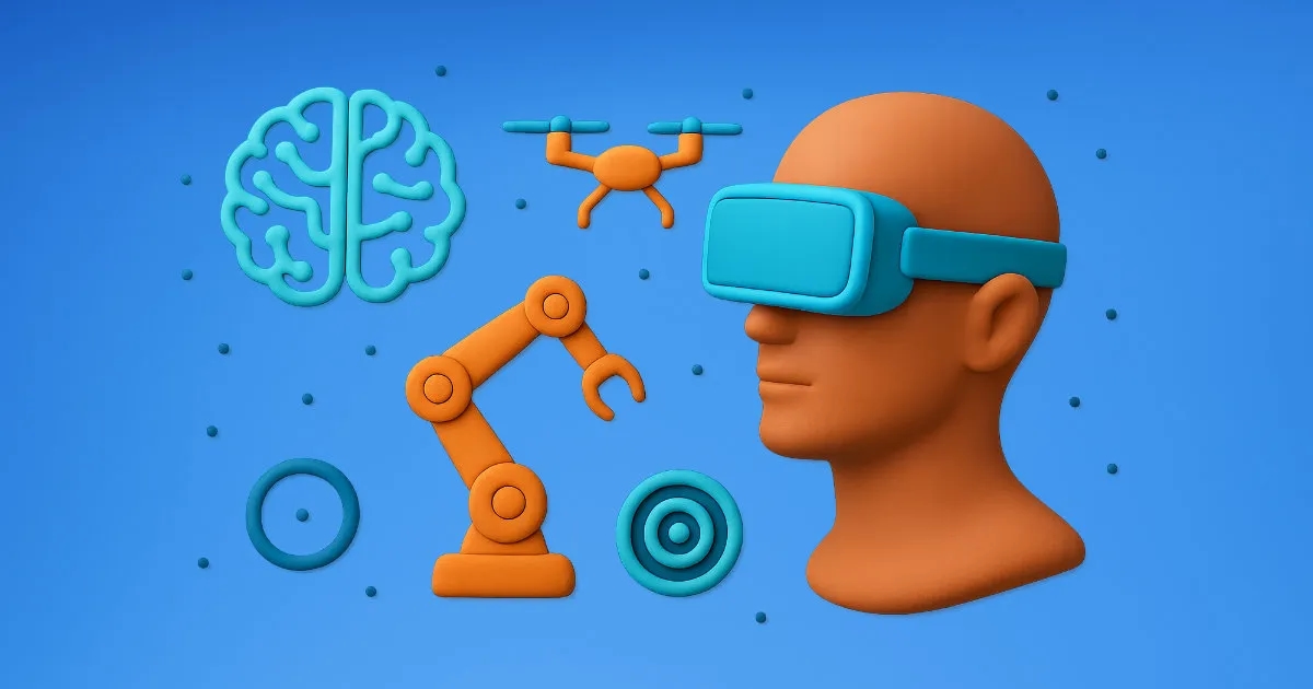 An illustration depicting various exciting technologies, including a VR headset, a drone, and a robotic arm