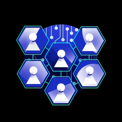 Stylised icon showing various user avatars connected via nodes