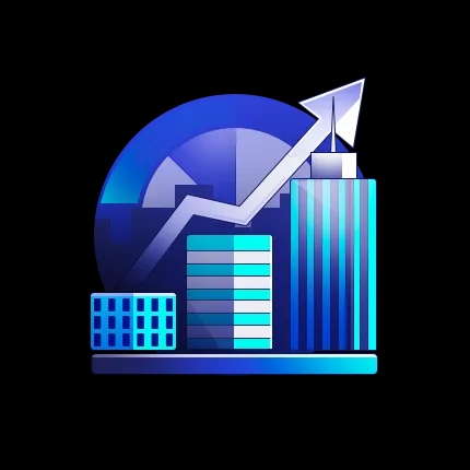 Stylised icon showing a series of increasingly large office towers with an upward trajectory arrow in the background